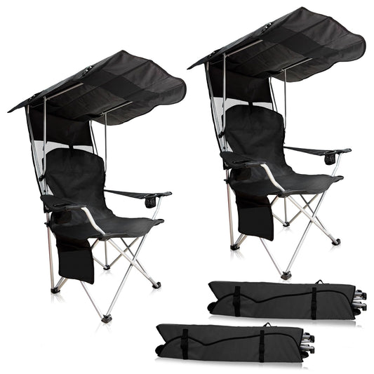 CAMP SOLUTIONS Portable Camping Chair with Canopy Shade- Folding Camping Lounge Chair with Cup Holder & Side Pocket for Outdoor Camping, Fishing, Beach - Support 330 LBS(BLACK-2PK)