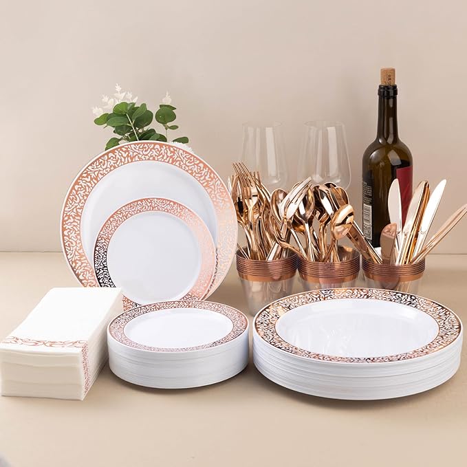 350PCS Rose Gold Plastic Dinnerware Set for 50 Guests, Disposable Plates for Party, Wedding, Include 50 Rose Gold Dinner Plates, 50 Dessert Plates, 50 Set Silverware, 50 Cups, 50 Napkins