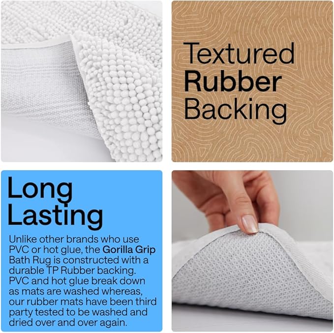 GORILLA GRIP Bath Rug Mat 42x24, Thick Soft Absorbent Chenille, Quick Dry Microfiber Mats, Rubber Backing Washable Shower Floor Rugs, Bathmat Runner, US Designed Bathroom Home Decor Accessories White