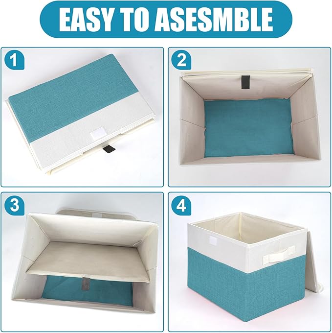 Large 22 Quart Linen Fabric Foldable Storage Bin Cube Organizer Basket with Flip-Top Lid & Handles, Clothes Blanket Box for Home, Office, Closet, Teal & White, 4 Pack 14.6 x 9.5 x 9.5