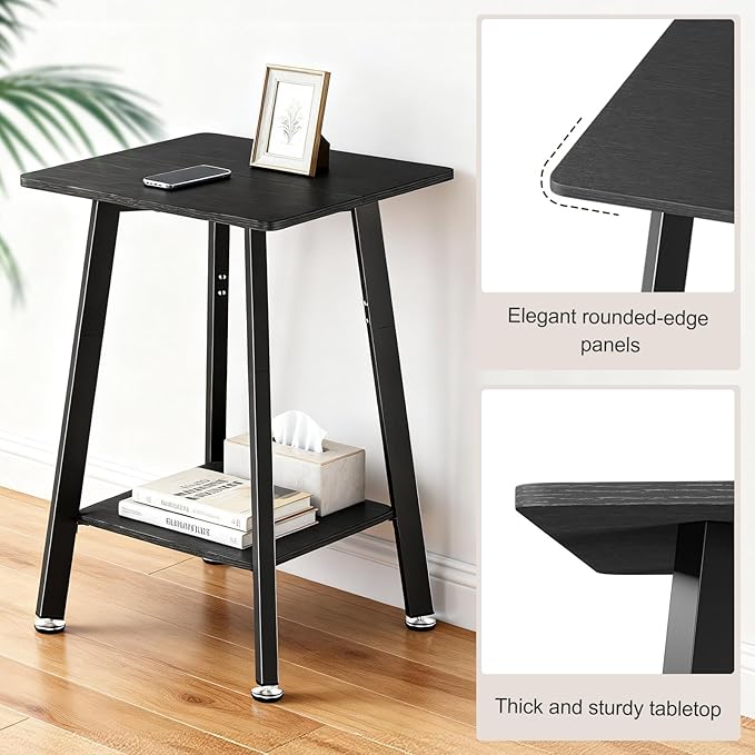 King Oasis 2-Tier End Table, Wooden Side Table with Storage Shelf, Sturdy Couch Sofa Side Table for Living Room Bedroom,Black