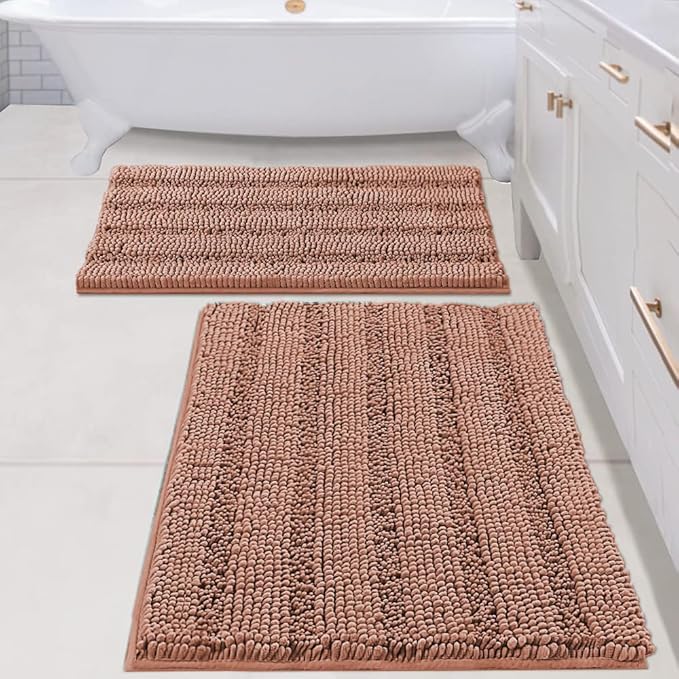 H.VERSAILTEX 2 Piece Set Bathroom Rugs Bath Mats Sets Super Absorbent Chenille Striped Bath Mats Non Skid Machine Wash Dry Rugs for Bathroom Floor (Muted Clay, 24 x 36 Plus 20 x 32 - Inches)