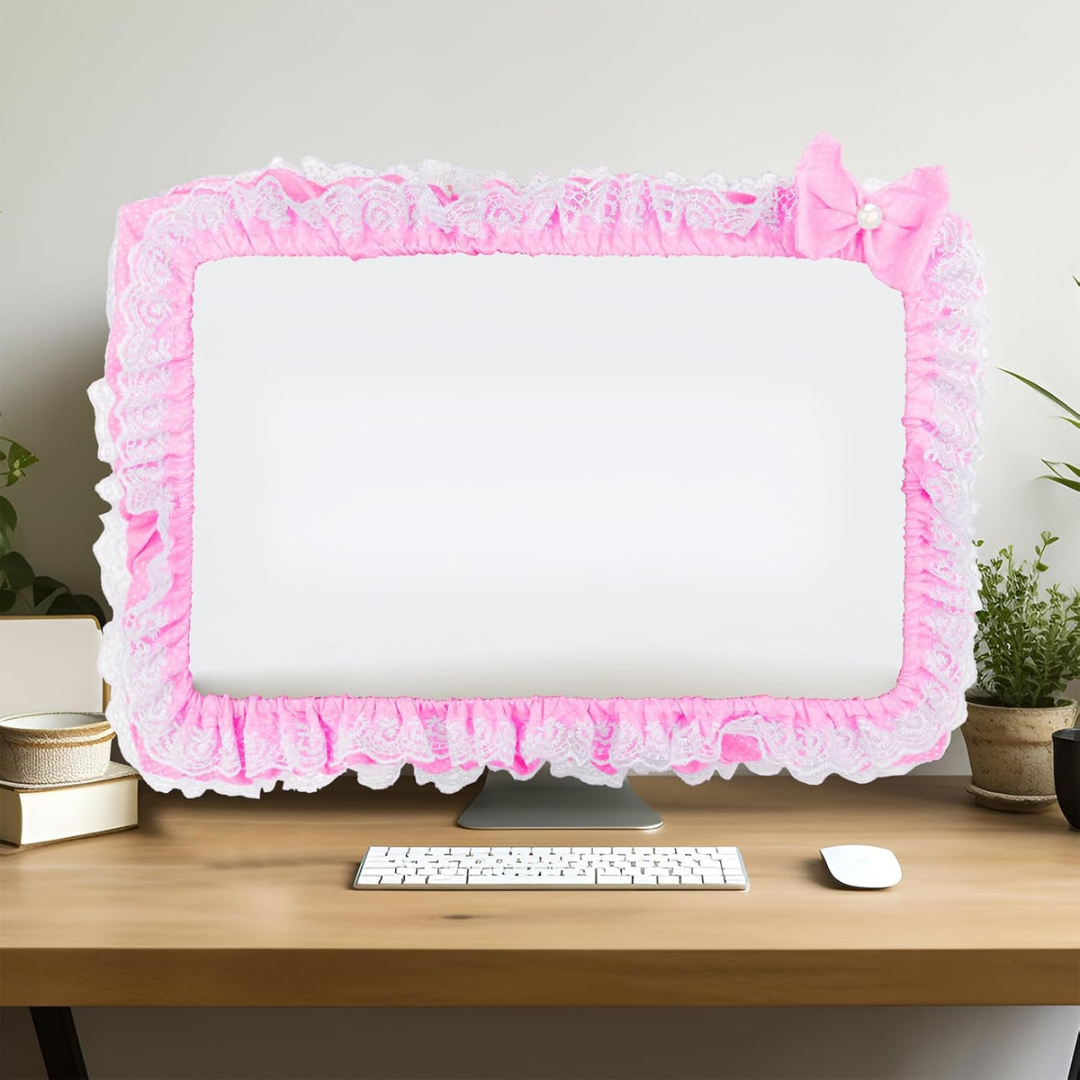 23"-27" Lovely Cute Computer Monitor Cover with Lovely Cute Elastic Pen Pocket Bow-knot TV LCD Screen Monitor
