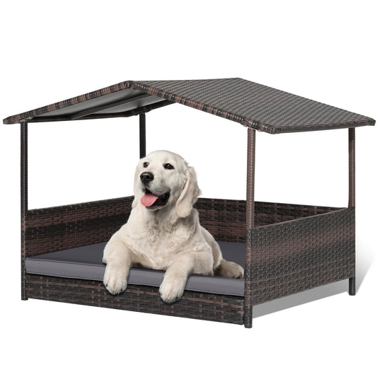 HAPPAWS Wicker Dog Bed House, Indoor Outdoor HDPE Rattan Dog Houses, Raised Dog Cot Pet House, Elevated Pets Sofa w/Washable Cover, Waterproof Roof Shelter, Removable Cushion Lounge