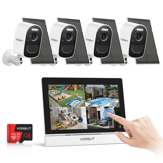 VORGUT Solar Camera Wireless Outdoor System with 7" Touchscreen Monitor, 4PCS 4MP Solar Powered Cameras for Home Security Indoor, Color Night Vision, PIR Human Detection, 2.4G/5G WiFi, 128GB SD Card