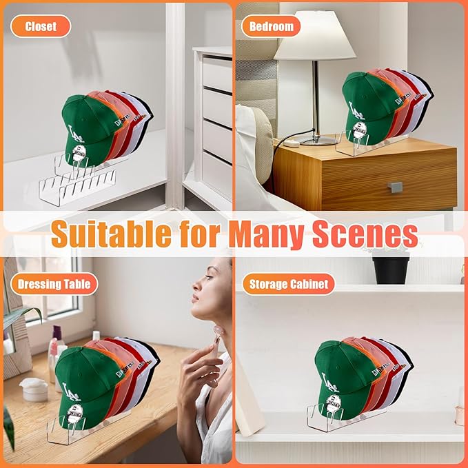 Hat Stand for Baseball Caps, 2 Pack No Install Acrylic Hat Organizer for 14 Baseball Caps Storage Organizer, Hat Racks Hat Holder Display and Organization for Closet, Bedroom, Dresser (Clear-2Pack)