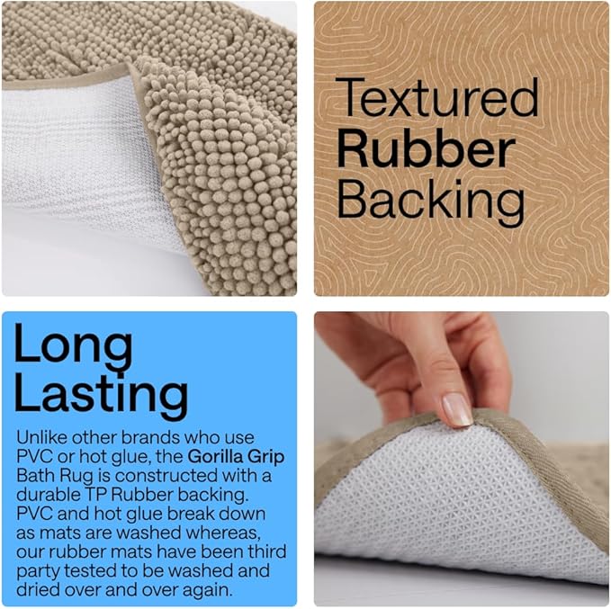 GORILLA GRIP Bathroom Rug Sets 3 Piece, Bath Mat Set and Oval Toilet Base with Rubber Backing, Plush Absorbent Shaggy Chenille Washable Mats, Includes 24x19.5, 24x17 and 30x20 Inch Rugs, Taupe