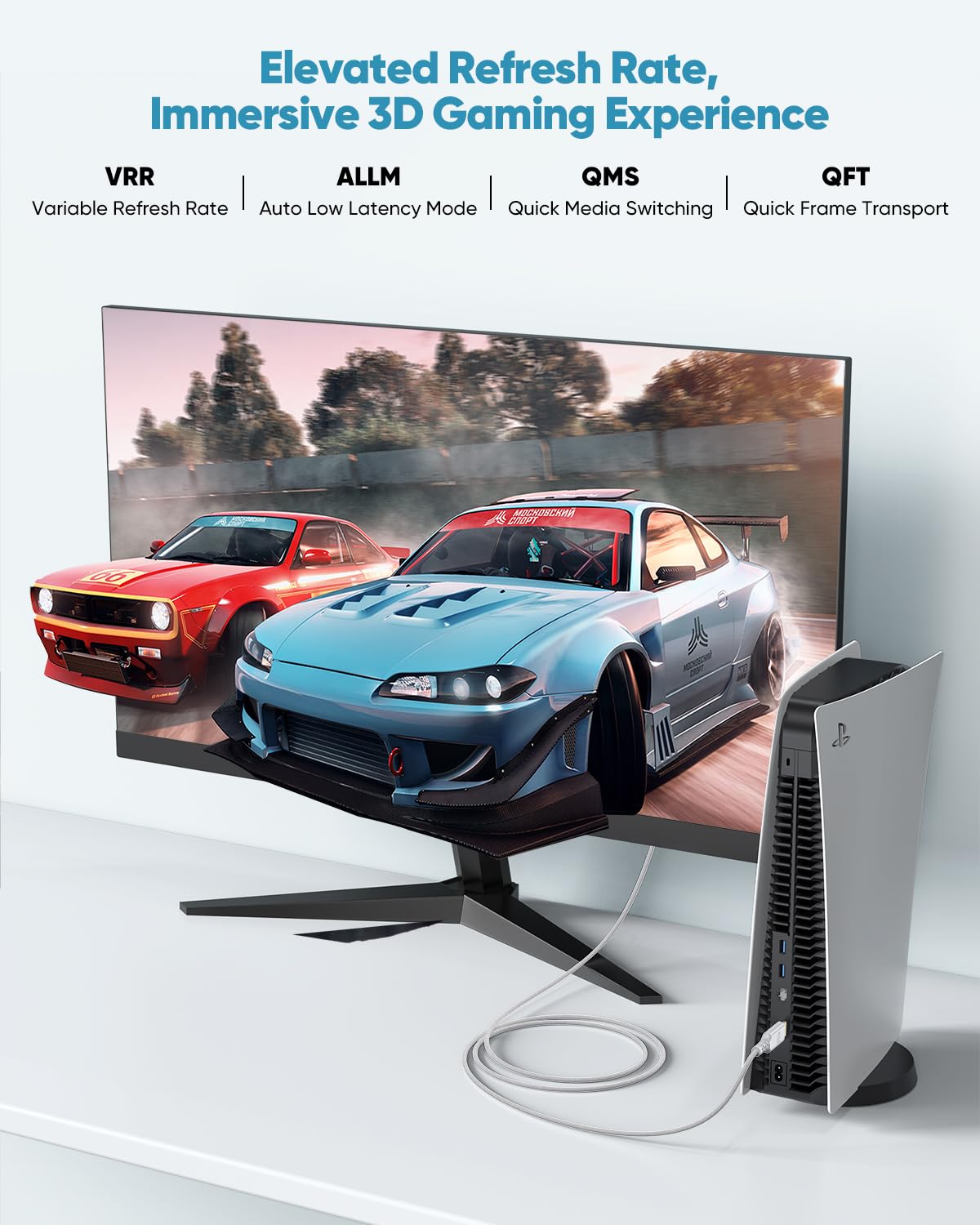 8K 10FT, 48Gbps 2.1 8K@60Hz, 4K@120Hz, HDR10+, Dolby, 3D, HDCP2.3 Laptop/Monitor/HDTV/Soundbar/Blu-ray/PS5/Xbox White