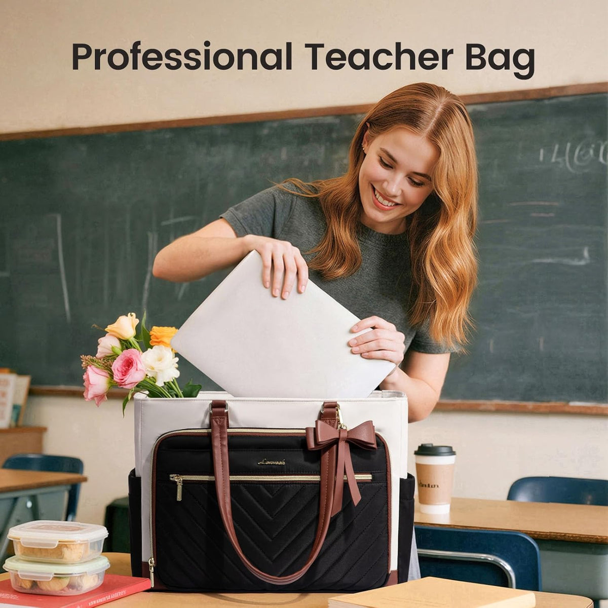 LOVEVOOK Teacher Tote Bag for Women, Work Laptop Bag Gift with Large Cup Holder, Quilted Nurse Bag Diaper Tote