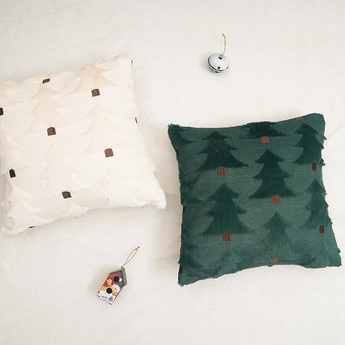 GEEORY Christmas Pillow Covers 16x16 Inch Set of 2, Christmas Decorations Xmas Tree Soft Plush Fluffy Faux Fur Decorative Throw Pillows Farmhouse Winter Cushion Case Green Brown GC033-16