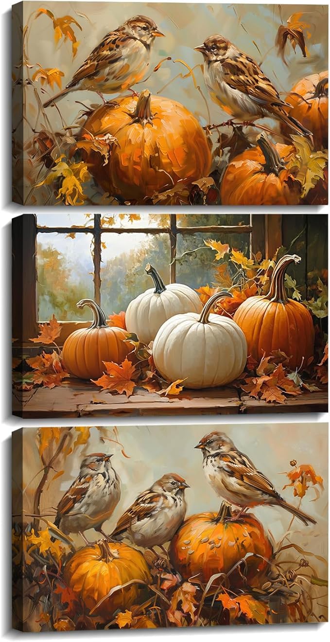 YMXDYMJSW Autumn Wall Art 3 Pieces Pumpkin with Sparrows Picture Prints Fall Harvest Birds Canvas Painting Thanksgiving Theme Artwork for Farmhouse Decor Frame (Gold,12.00" x 16.00" x 3PCS)