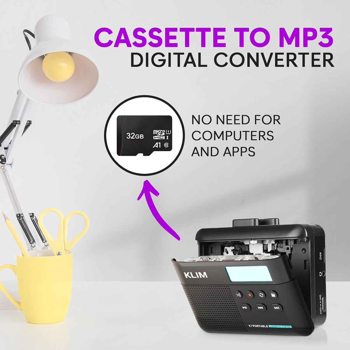 K7 Cassette Cassette MP3 Cassette 32GB KLIM Tape Player + to Converter + Portable Player + Built-in Microphone