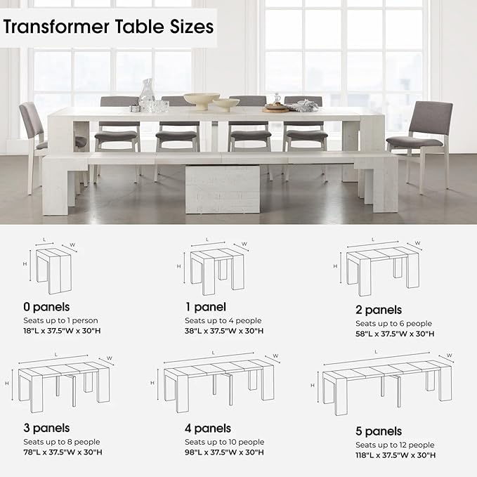 Transformer Table - Solid Wood Extendable Dining Table, Seats 2-12, Expandable Dining Room Table, Space-Saving Furniture, Kitchen and Dining Room Furniture (White, Table + Bench)