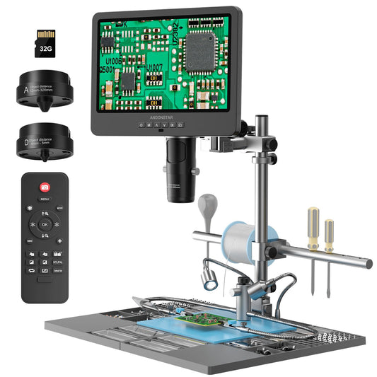Andonstar AD249S-M Plus 10.1'' HDMI Soldering Digital Microscope for Electronics Repair, 2000x 3 Lens 2160P UHD Video Record, Soldering Microscope Station with Helping Hands, Slides, 32GB Card