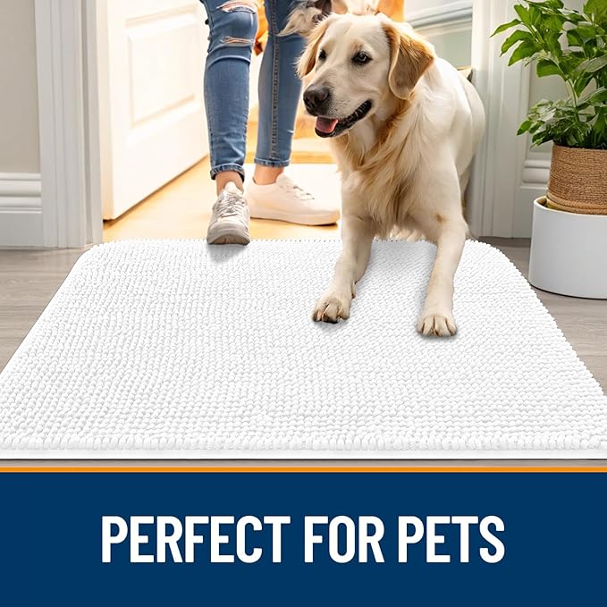 OLANLY Dog Door Mat for Muddy Paws 70x24, Absorbs Moisture and Dirt, Absorbent Non-Slip Washable Doormat, Quick Dry Chenille Mud Mat for Dogs, Entry Indoor Entryway Carpet for Inside Floor, White