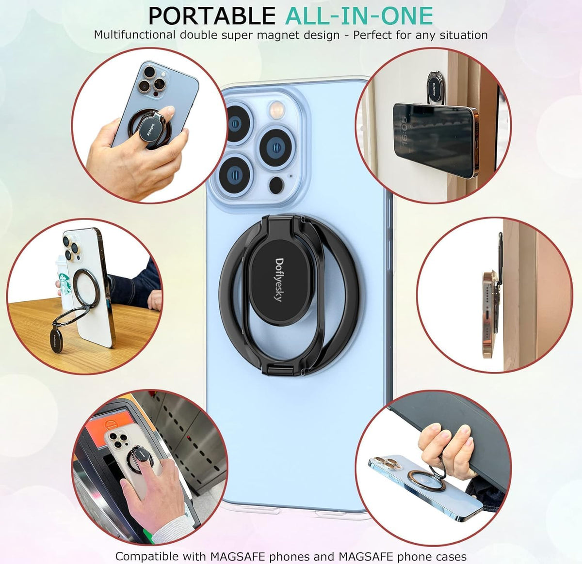 Doflyesky Magnetic Phone Ring Holder for Magsafe Phone Grip, Double-Sided Magnetics Adjustable Gym Finger Ring Grip
