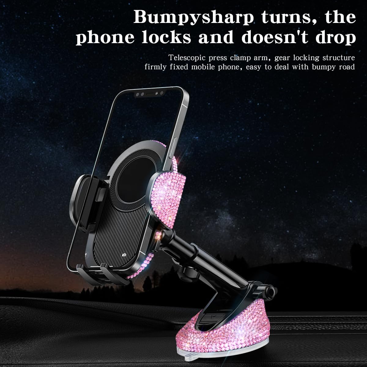 Erolagomat Bling Cell Phone Holders for Car Women[Powerful Suction] [Rally Racing-Grade Stability] Sparkle Car Phone
