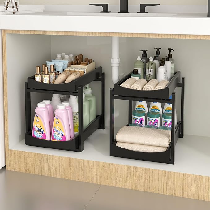 Bamboo Under Sink Organizer and Storage, 2 Pack Pull Out Cabinet Organization, 2 Tier Vertical Slide Out Undersink Storage Shelf, Multi-Purpose Organizer Shelves for Kitchen Bathroom Medicine, Black