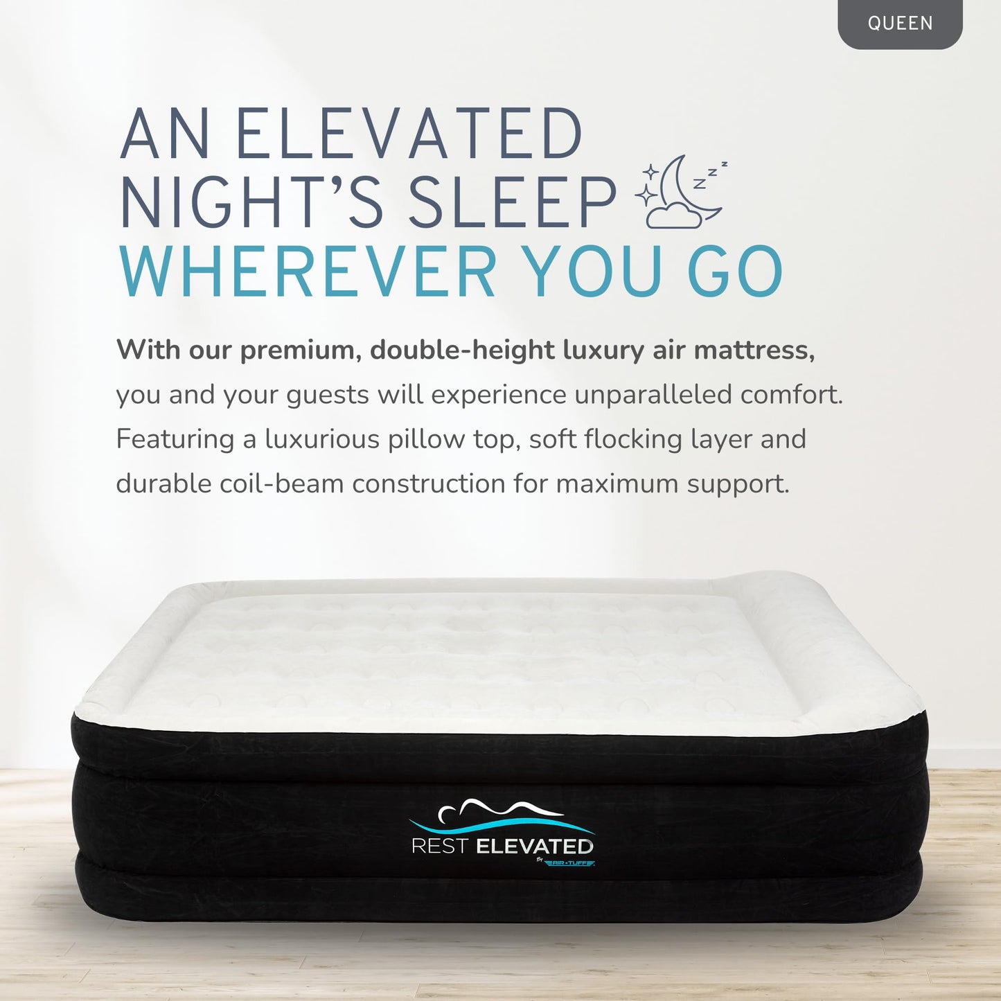 RestElevated Luxury Pillow Top Queen Size Air Mattress with Built in Pump | 20" Raised Height with Coil Beam Support | Adjustable Blow Up Air Bed | for Home, Guests and Camping [Black with Cream Top]