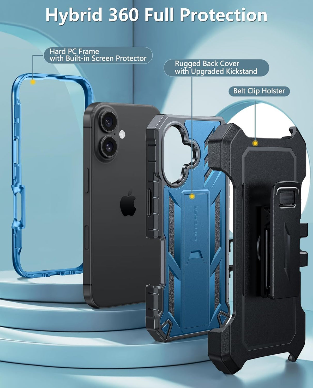 FNTCASE 16 for iPhone Phone Case: Military Grade [Built-in Screen Protector] [Belt-Clip & Kickstand] Matte Drop Proof