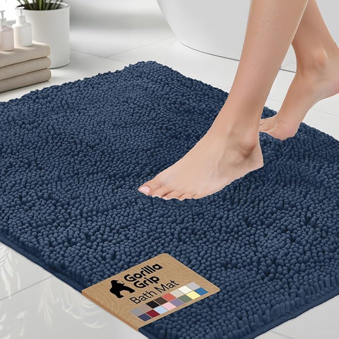 GORILLA GRIP Bath Rug Mat 42x24, Soft Absorbent Chenille, Quick Dry Microfiber Mats, Rubber Backing Washable Shower Floor Rugs, Bathmat Runner, US Designed Bathroom Home Decor Accessories Navy Blue