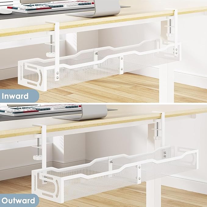 Cable Management, 25'' Cable Management Under Desk No Drill, Metal Cord Organizer with Clamp for Standing Desk, Cable Organizer for Home Office, White