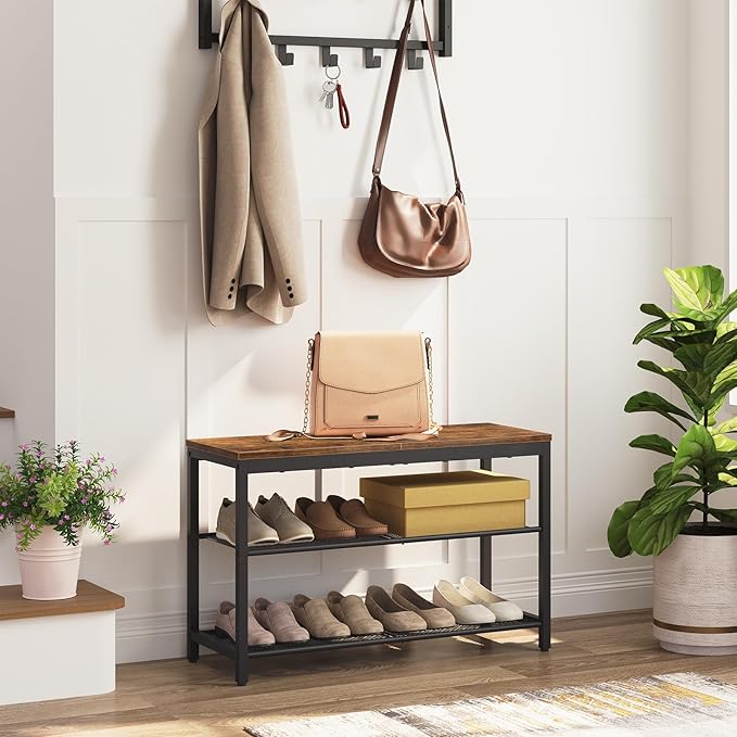 HOOBRO Shoe Bench, 3-Tier Shoe Rack, Industrial Shoe Organizer Storage Bench, 29.5 inches Entry Bench with Mesh Shelves, for Entryway, Living Room, Hallway, Easy Assembly, Rustic Brown BF75HX01