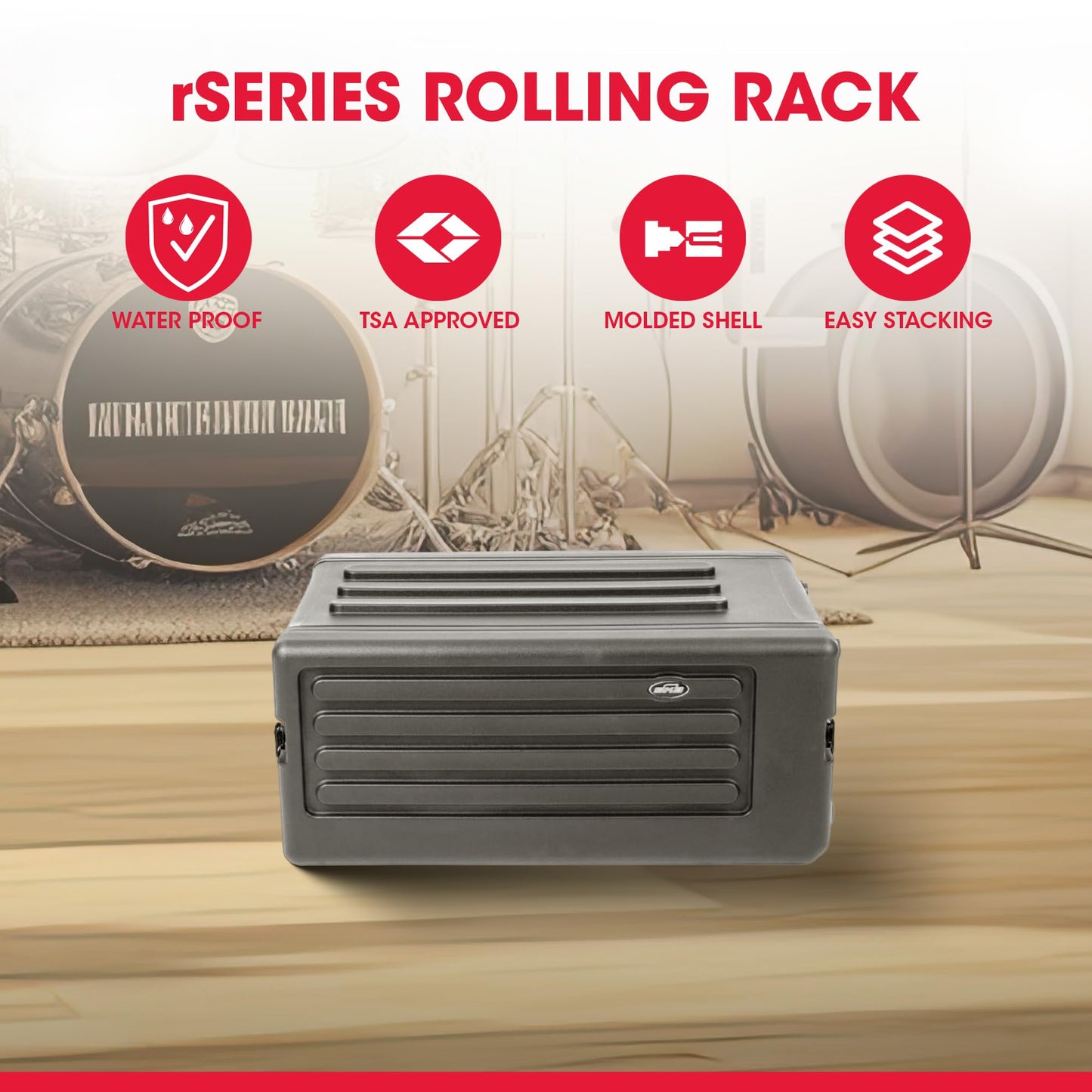 SKB 4U rSeries Shallow Rolling Rack with Integrated Back Wheels and 1-Touch Pull Handle, Comes with 8 Rack Units and Interlocking Molded Stacking Bars