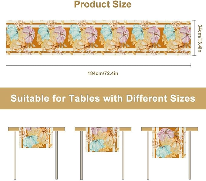Watercolor Pumpkin Table Runner Rustic Farmhouse Autumn Plants Colorful Leaves Pastoral Harvest Theme Home Decor for Farmhouse Indoor Outdoor Party Holiday Dining Kitchen Restaurant Cafe W13xL36in