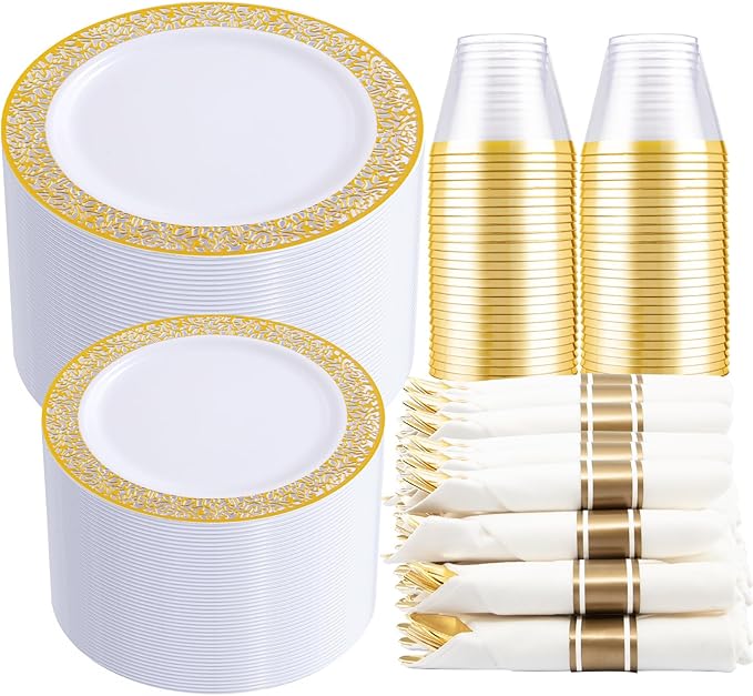 DaYammi 210 PCS Thanksgiving Gold Plastic Plates, Thanksgiving Plastic Dinnerware Sets, Includes: 30 Dinner Plates, 30 Salad Plates, 30 Pre Rolled Napkins with Gold Silverware and 30 Cups 9 OZ