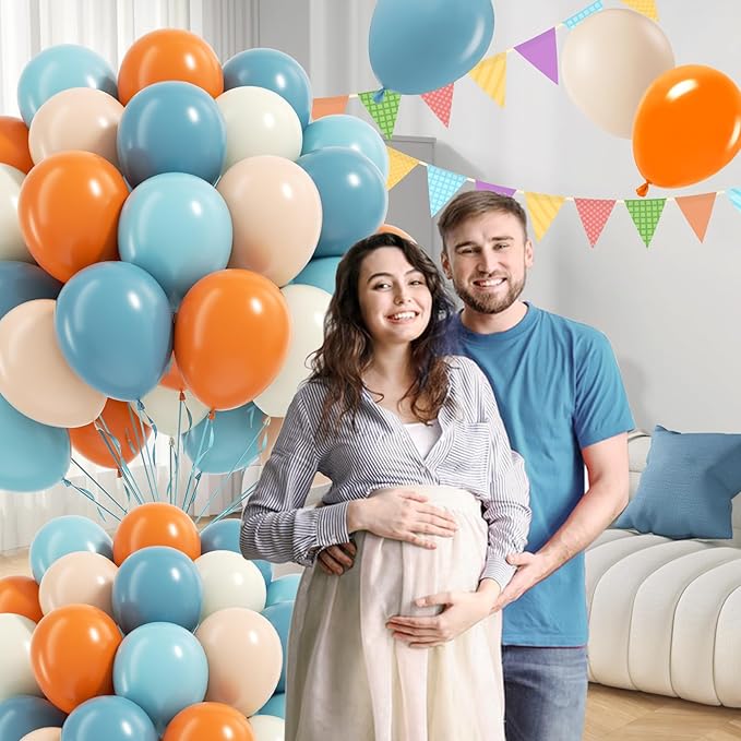 60pcs 12inch Blue and Orange Balloons, Dusty Blue Orange Sand White Nude Balloons with Ribbon for Baby Shower Birthday Party Decorations