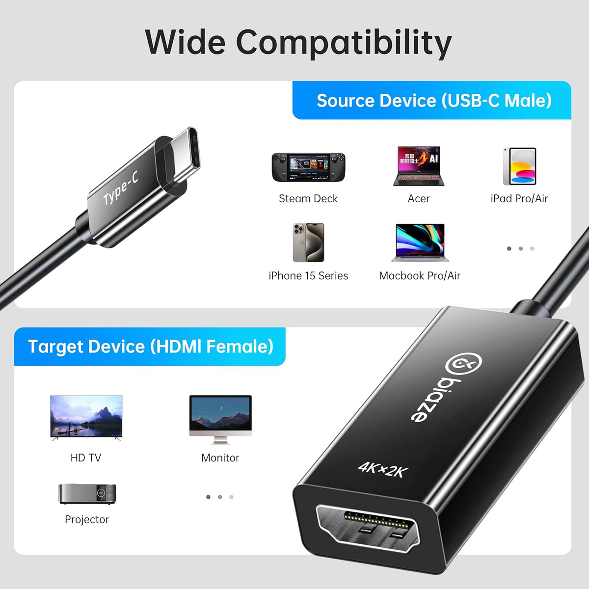 biaze 4K@60Hz, M1/M2, 15/14, USB C to HDMI Adapter Type-C Thunderbolt with Dynamic HDR, Compatible with MacBook Pro/Air