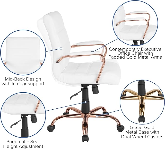 Flash Furniture Whitney Mid-Back Swivel LeatherSoft Desk Chair with Padded Seat and Armrests, Adjustable Height Padded LeatherSoft Office Chair, White/Rose Gold