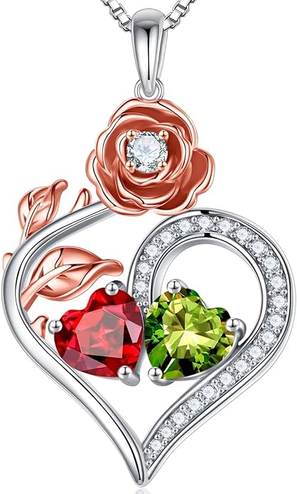 Iefil Rose Heart Birthstone Necklaces for Women - 925 Sterling Silver Double Birthstone Necklace, Anniversary Birthday Gifts for Women, Jewelry Gifts for Wife Her