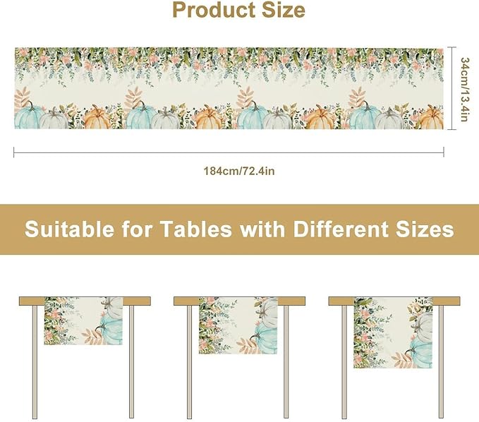 Fall Table Runner Blue Pumpkin Colorful Eucalyptus Leaves Thanksgiving Orange Green Watercolor Illustration Decor for Farmhouse Indoor Outdoor Party Holiday Dining Kitchen Restaurant Cafe W13xL120in
