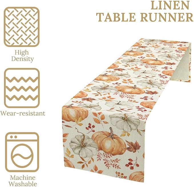 Pumpkin Table Runner Fall Orange White Colorful Leaves Berries Thanksgiving Watercolor Illustration Rustic Decor for Farmhouse Indoor Outdoor Party Holiday Dining Kitchen Restaurant Cafe W13xL60in