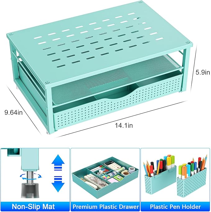 gianotter Desk Organizers and Accessories, Monitor Stand with Drawer and 2 Pen Holder, Desktop Organizer Suitable for Offices and Dormitories (Blue)
