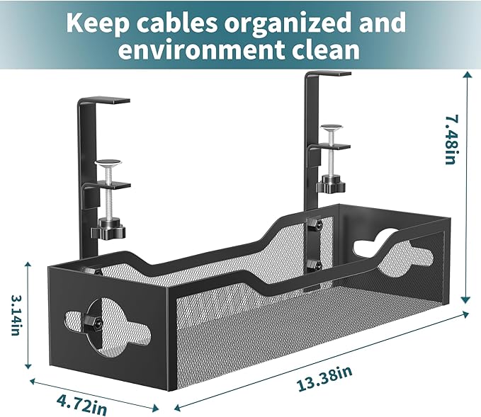 Litwaro Under Desk Cable Management Tray 2 Pack, No Drill, Organizer with Clamp Easy to Install for Standing Cord Organizer, Wire Damage Desk, Black, 13.38''-2 pack