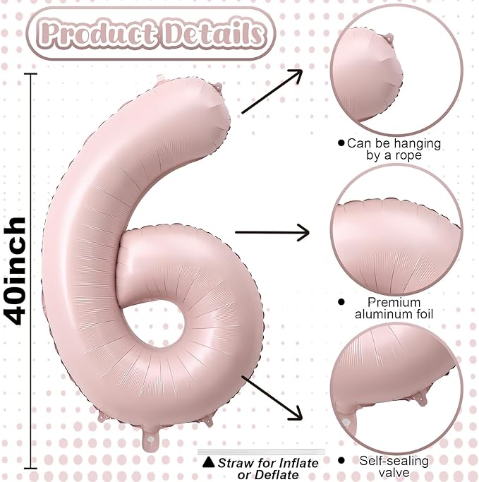 Light Pink Number Balloon 6, 40 Inch Large Self Inflating 6 Foil Number Balloons 0-9, Blush Pastel Pink Digital 6 Helium Balloon for Girls Women 6th Birthday Party Graduation Anniversary Decorations