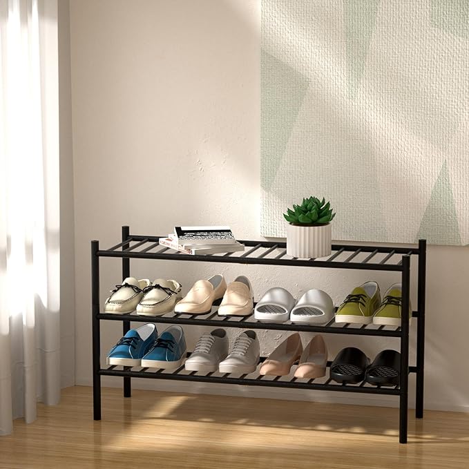 3-Tier Bamboo Long Shoe Rack, Free Standing Wood Shoe Shelf Storage Organizer for Closet Entryway Stackable 35"x11"x20" (Black)
