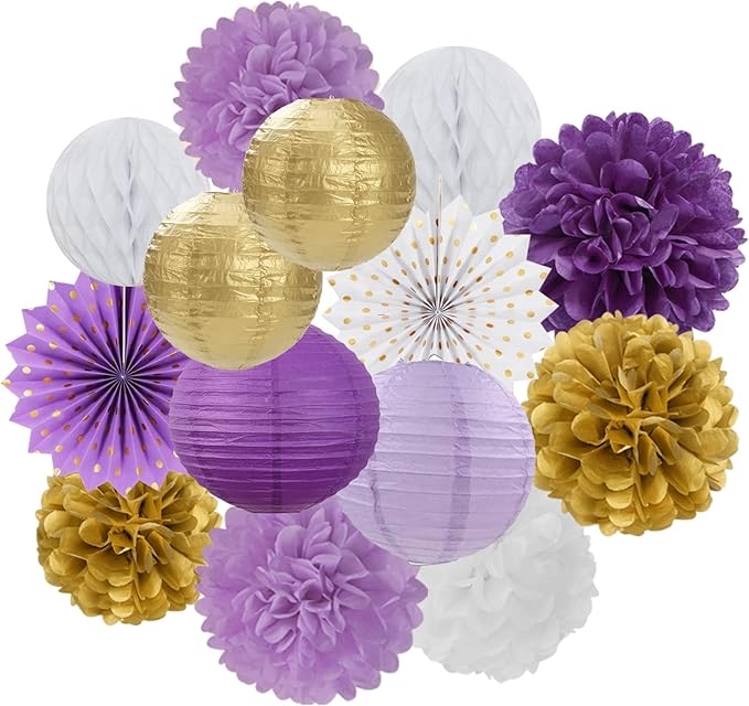 Purple-Gold Party Decorations Streamers Lanterns - 14pcs White Lavender Paper Fan Graduation Woman Birthday Wedding Bridal Shower Tissue Pom Poms,Honeycomb Balls Decor Ouruola