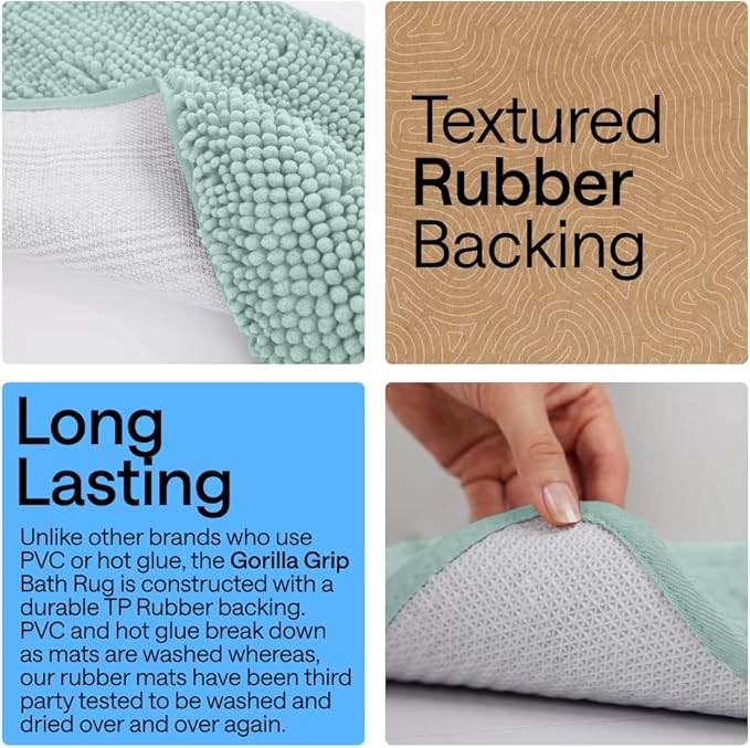 GORILLA GRIP Plush Absorbent Shaggy Chenille Bath Rug Mat for Oval Toilet Base with Rubber Backing, Machine Washable Rugs, Soft Microfiber Contour Mats for Toilets, Bathroom Decor, Seablue