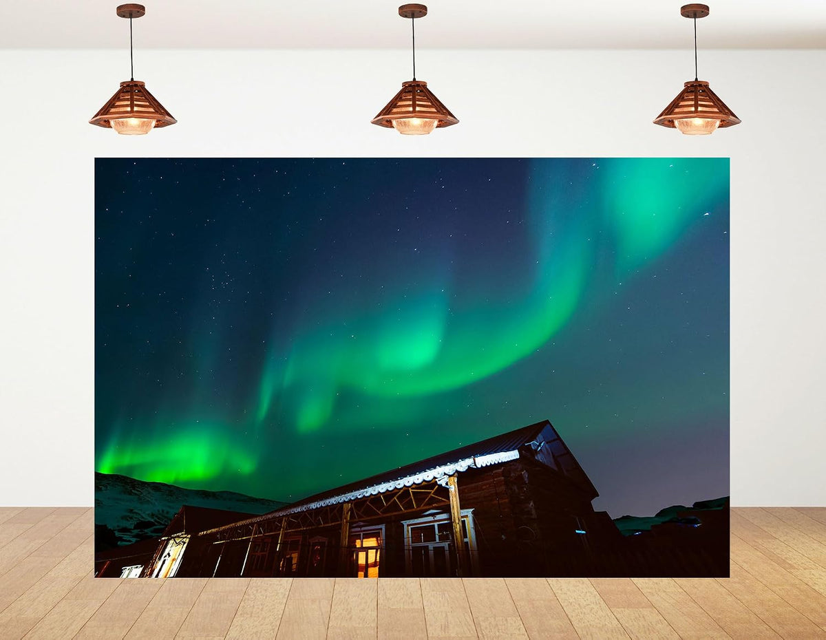 KeyWork 9x9ft Green Northern Lights Cabin Backdrop Arctic Night Sky Scene Photography Background for Winter Event Home
