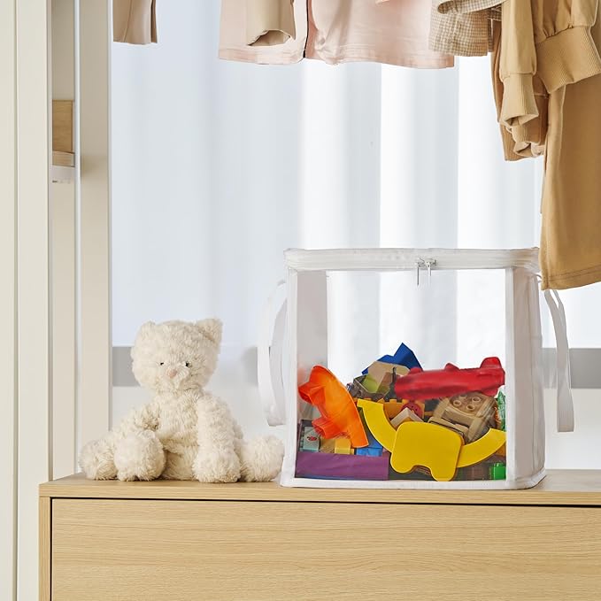 holay 2 Pack Storage Bins PVC Boxes with Transparent Lid & Handles - Durable & Foldable - Multi-Purpose Organizer for Clothes, Books, and More (White, Large)