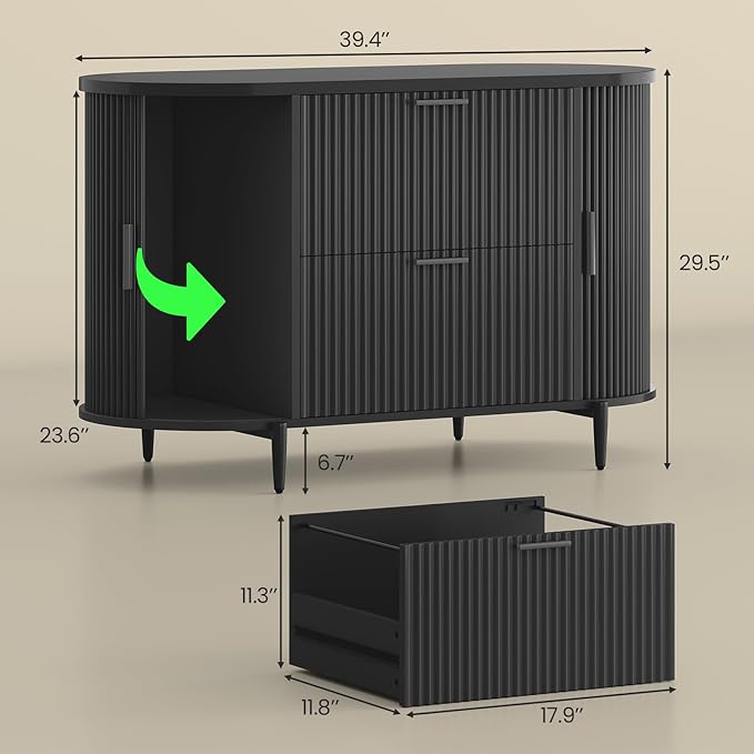 SEDETA 39.4" Filing Cabinet for Home Office, 2 Drawer File Cabinet, fit Legal/Letter/A4 Size, Modern Fluted Filing Cabinets with 2 Sliding Door Storage, Printer Stand, Black