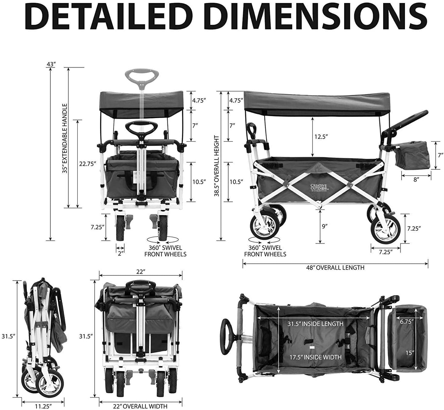 Creative Outdoor Push Pull Folding Wagon for Cargo | Beach Park Garden Sports & Camping | Black with Canopy