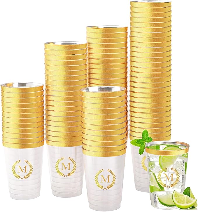 100 Pieces Monogrammed Plastic Cups Gold Foil Letter M Disposable Cups 12 oz Clear Initial Party Cups for Wedding Birthday Baby Shower Personalized Party Drinkware