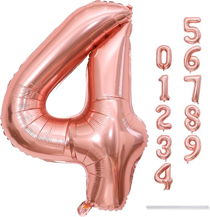 40 Inch Rose Gold Number 4 Balloon for Girls, Large Self Inflating Foil Number Balloons 0-9, Digit 4 Helium Balloons for Women 40th Anniversary 4th Birthday Engagement Party Decoration Supplies