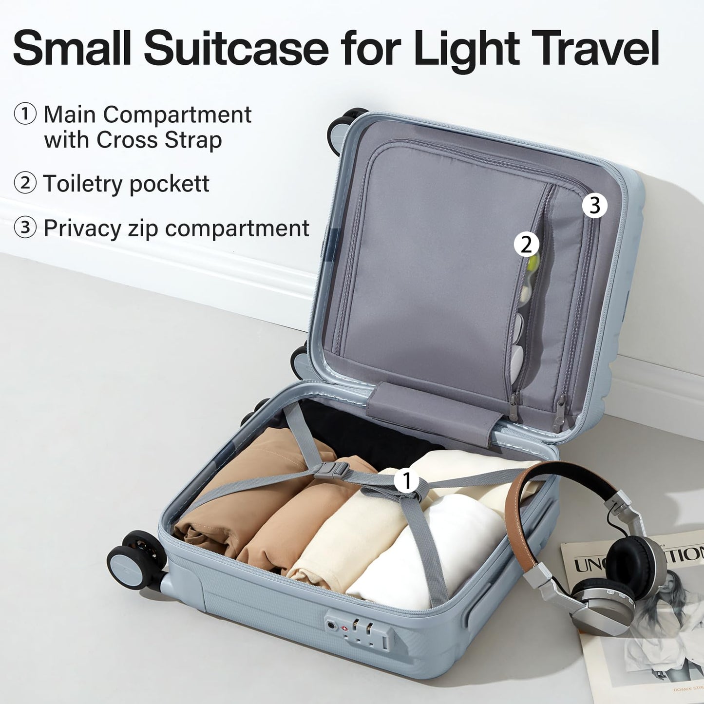 Hanke 14 Inch Underseat Carry On Luggage with Wheels Hard Shell Suitcases Carry On Bag Lightweight Small Mini Suitcase Travel Luggage for Travel（Gray）
