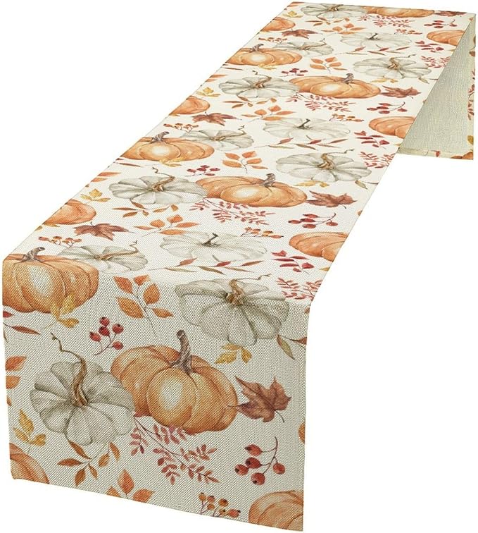 Pumpkin Table Runner Fall Orange White Colorful Leaves Berries Thanksgiving Watercolor Illustration Rustic Decor for Farmhouse Indoor Outdoor Party Holiday Dining Kitchen Restaurant Cafe W13xL60in